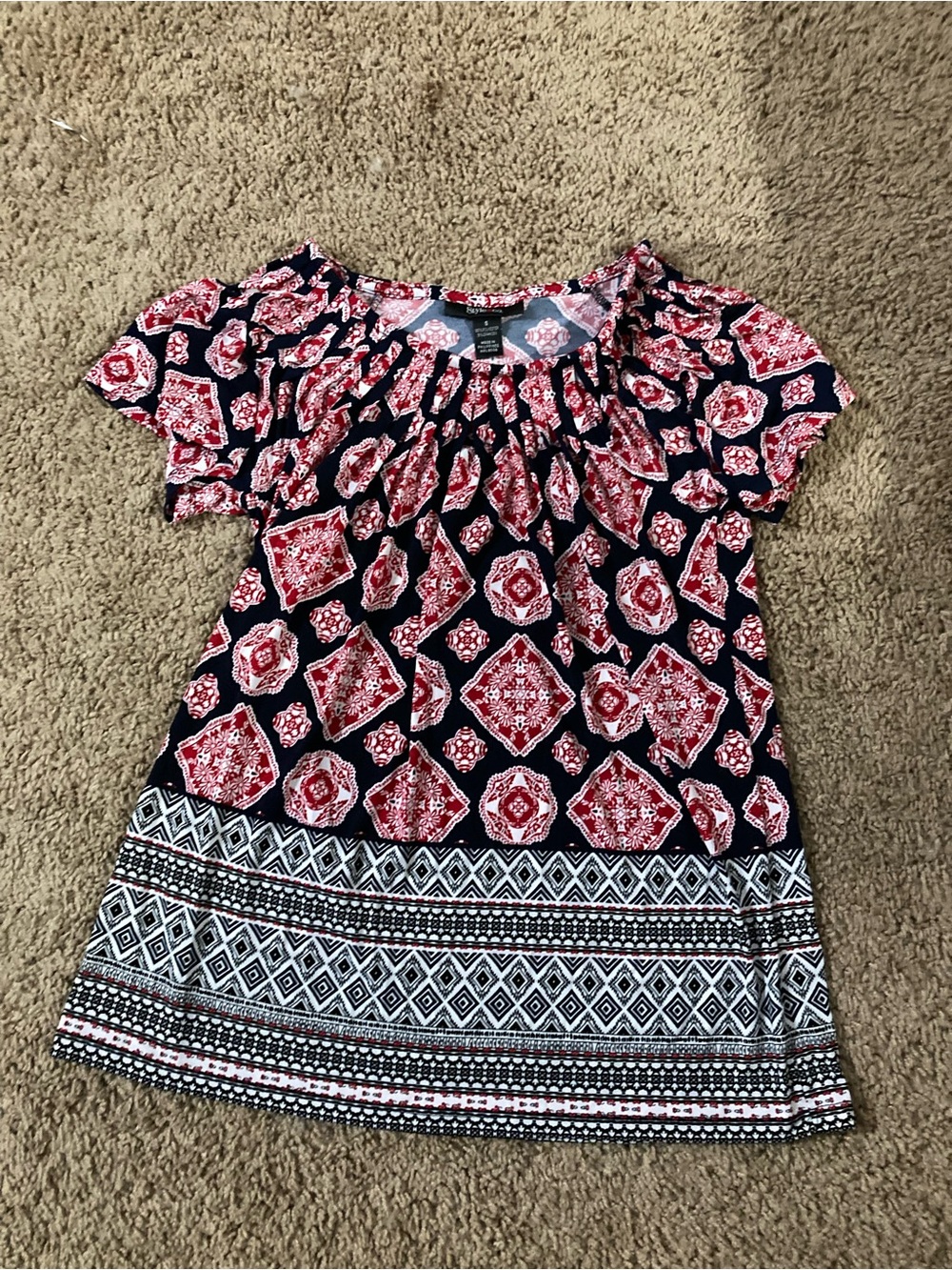 Navy & Red Patterned Short Sleeve Top